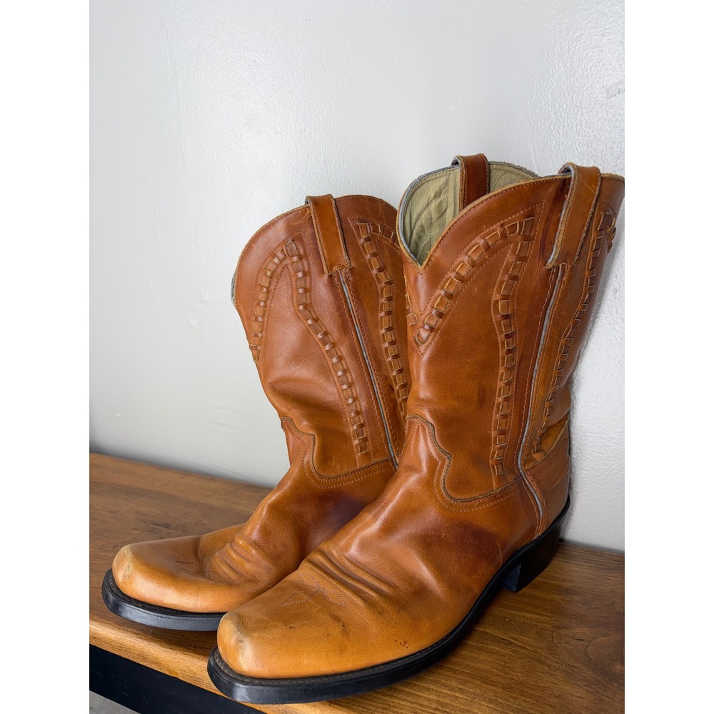 Durango Men Tan Leather Woven Whipstitch Western Cowboy Boots Oil Resistant